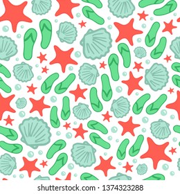 Cute summer seamless pattern created from hand drawn sea shells, starfish, slippers and bubbles. Sea, ocean, underwater, summer vacations theme. Print, package, wallpaper, background design. EPS 10