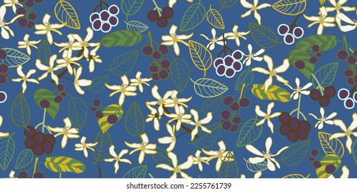 Patrón perfecto de verano con ilustraciones de doodle. Estilo vectorial de dibujos animados Amelanchier o frutas de juneberry, flores y hojas para impresiones textiles. 