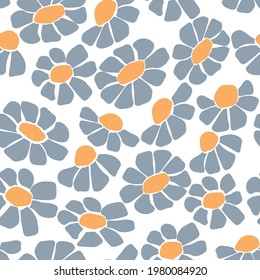 Cute summer seamless pattern with flowers and petals. Daisies on a white background. Herbal plant print. Vector graphics.