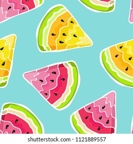 Cute summer seamless pattern. Fresh watermelon on blue background. Vector texture. Fruit print.