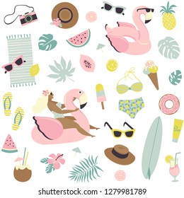 Cute summer seamless pattern fruits, drinks, ice cream, sunglasses, palm leaves and flamingo inflatable swimming pool ring. Vector design for paper, cover, fabric, interior decor.