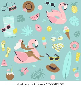 Cute summer seamless pattern fruits, drinks, ice cream, sunglasses, palm leaves and flamingo inflatable swimming pool ring. Vector design for paper, cover, fabric, interior decor.