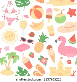 Cute summer seamless pattern with fruits and drinks, exotic leaves and flowers. Beach party texture, fashion textile print with tropical vacation doodles, summertime vector background