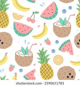 Cute summer seamless pattern with fruits and berries on a white background. Vector flat illustration background.