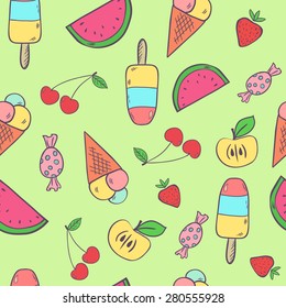 Cute summer seamless pattern with fruits, ice cream and sweets