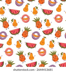Cute summer seamless pattern with funny cartoon fruits: pineapple, watermelon, pear and banana on swimming ring in bright colors. For kids product, textile, fabric, wrapping paper. Vector illustration