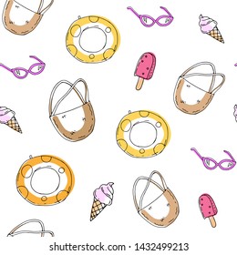 Cute summer seamless pattern with ice cream, sunglasses, bag and swimming circle