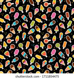 Cute summer seamless pattern with ice cream. Colorful wrapping paper, fabric. Summer sweets on black background. Vector illustration