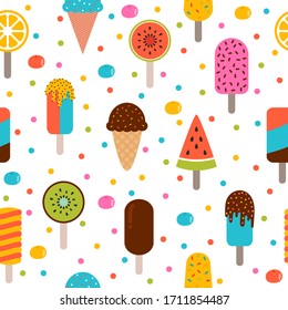Frische Sommer nahtlose Muster mit Eis und Beeren. Farbiges Verpackungspapier, Stoff. Beliebt. Vektorillustration