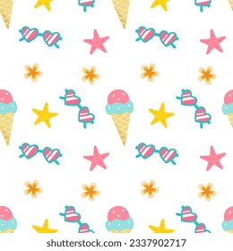 Cute summer seamless pattern with ice cream and sunglasses. Best for textures, wallpapers, packaging, scrapbooking. Vector illustration