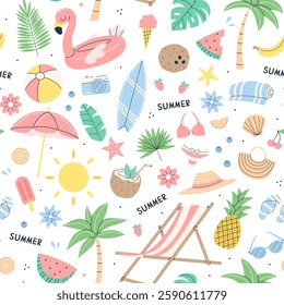 Cute summer seamless pattern with summer items on a white background. Vector flat illustration background.