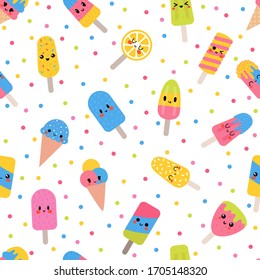 Cute summer seamless pattern with kawaii ice cream. Colorful wrapping paper, fabric. Popsicle. Vector illustration