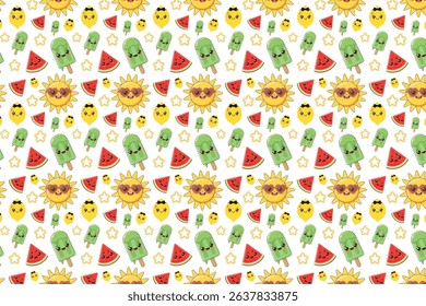 Cute Summer Seamless Pattern with Kawaii Sun, Watermelon, Ice Cream, Chick, and Star Elements Fun Cartoon Background for Kids, Fabric, Wallpaper, Stationery, and Digital Use