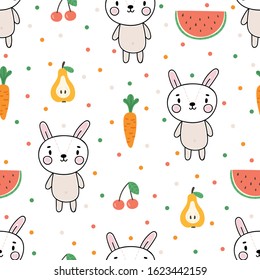 Cute summer seamless pattern with little bunny and fruits. Childish background with funny characters. Vector illustration