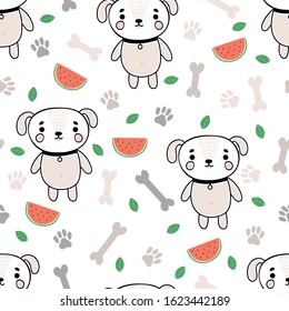 Cute summer seamless pattern with little dog, bones and watermelons. Childish background with funny characters. Vector illustration