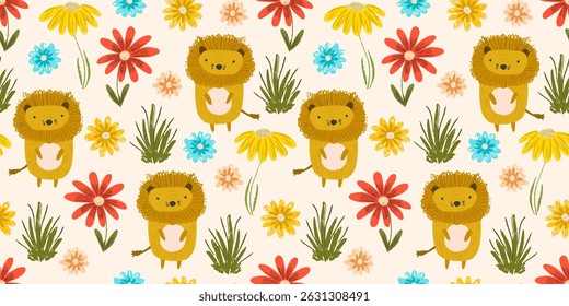 Cute summer seamless pattern with little orange lions, colorful grass and flowers. Funny childish crayon hand drawn safari cats print for kids design, wallpaper, textile, wrapping paper, background