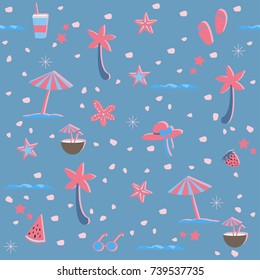 Cute Summer Seamless Pattern with palms, umbrellas, flip flops and other summer elements. Vector Illustration