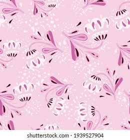 Cute summer seamless pattern with random folk flowers elements ornament. Pastel background. Decorative backdrop for fabric design, textile print, wrapping, cover. Vector illustration