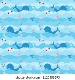 Cute summer seamless pattern with sea animals in blue colours for kids textile, summer concept.