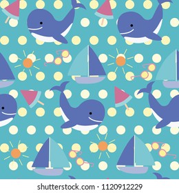 Cute summer seamless pattern with sea animals on blue background for kids textile, summer concept.