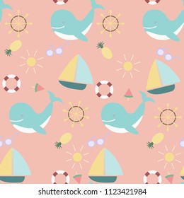 Cute summer seamless pattern with sea animals on pink background for kids textile, summer concept.