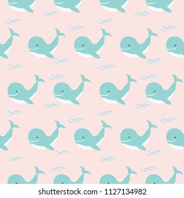 Cute summer seamless pattern with sea animals on blue background for kids textile, summer concept.
