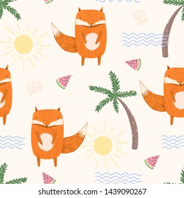 Cute summer seamless pattern with sketchy orange foxes, colorful waves, palms and melons. Funny hand drawn childish vacation texture for kids design, wallpaper, textile, wrapping paper