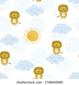 Cute summer seamless pattern with sketchy orange lions, colorful sun and kawaii clouds. Funny hand drawn childish sunny feline texture for kids design, wallpaper, textile, wrapping paper