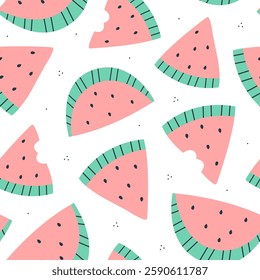 Cute summer seamless pattern with slices of watermelon on a white background. Vector flat illustration background.