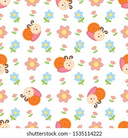 Cute summer seamless pattern with snail and flowers. 