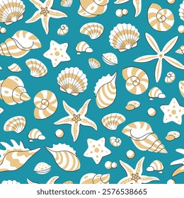 Cute summer seamless pattern with starfish and shells scattered on turquoise background. Marine underwater life background. Summer hand drawn background for wallpaper, fabric and other design.