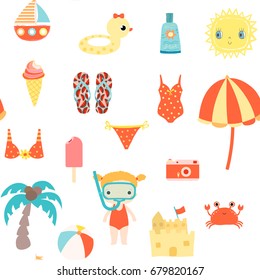 Cute summer seamless pattern with sun, ice cream and other beach elements for kids clothes and backgrounds for invitations