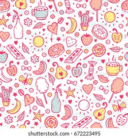 Cute Summer Seamless pattern. Sweet Food Vector Background. Hand Drawn Doodle Candies, Fruits, Berries