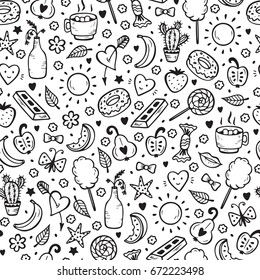 Cute Summer Seamless pattern. Sweet Food Vector Background. Hand Drawn Doodle Candies, Fruits, Berries