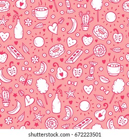 Cute Summer Seamless pattern. Sweet Food Vector Background. Hand Drawn Doodle Candies, Fruits, Berries