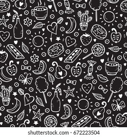 Cute Summer Seamless pattern. Sweet Food Vector Background. Hand Drawn Doodle Candies, Fruits, Berries