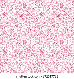 Cute Summer Seamless pattern. Sweet Food Vector Background. Hand Drawn Doodle Candies, Fruits, Berries
