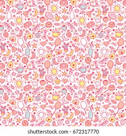 Cute Summer Seamless pattern. Sweet Food Vector Background. Hand Drawn Doodle Candies, Fruits, Berries