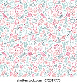 Cute Summer Seamless Pattern. Sweet Food Vector Background. Hand Drawn Doodle Candies, Fruits, Berries