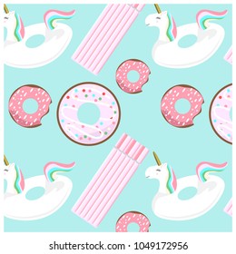 Cute summer seamless pattern with unicorns and donuts inflatables. Pink and colorful flat elements 