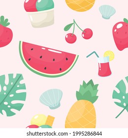 Cute summer seamless pattern with watermelon, cherry, strawberry, pineapple, seashells, ice cream, drink. Vector illustration.