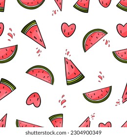 Cute summer seamless pattern with watermelon, watermelon slices and watermelon hearts. Great for menu design, packaging, banners or advertising. Vector illustration EPS10. isolated on white background