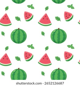 Lindo patrón de verano sin fisuras con sandías, rodajas y hojas de menta. Fondo de repetición de frutas para textiles, telas, papel de embalaje o diseño de alimentos frescos. Ilustración vectorial.