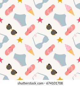 Cute summer seamless pattern with women's swimsuits and beach accessories on white background. Flat minimalistic style colorful vector illustration
