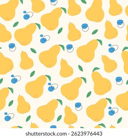 Cute summer seamless pattern with yellow pears. Cartoon fruity tasty pattern. Perfect for wrapping paper, textile, scrapbooking paper, and kids.