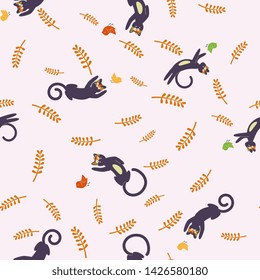 Cute summer seamless patterns with cats, flowers, birds and leaves