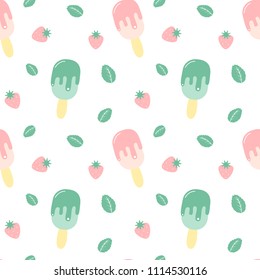 cute summer seamless vector pattern background illustration with ice cream, strawberries and mint