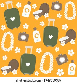 cute summer seamless vector pattern background illustration with hawaiian flowers necklace, coconuts, camera, travel bag and sunscreen 