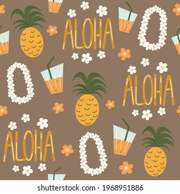 cute summer seamless vector pattern background illustration with hawaiian flowers necklace, pineapples, cocktail and aloha hand drawn text