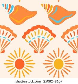 Cute summer seashells and sun vector seamless pattern. Bright marine surface design with orange scallop, spiral shells and sun shapes in modern hand drawn style on light background. Beach repeat tile